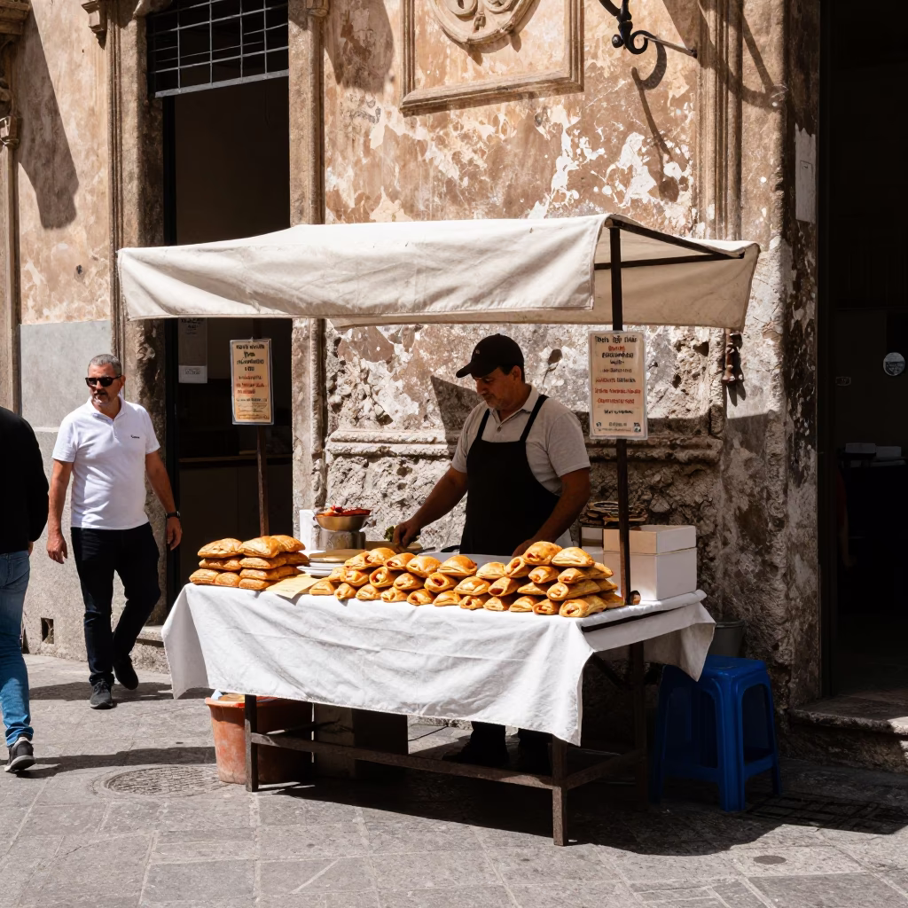 Midday Street Scene in Palermo Italy with Local Pastries Display in in Palermo, Italy