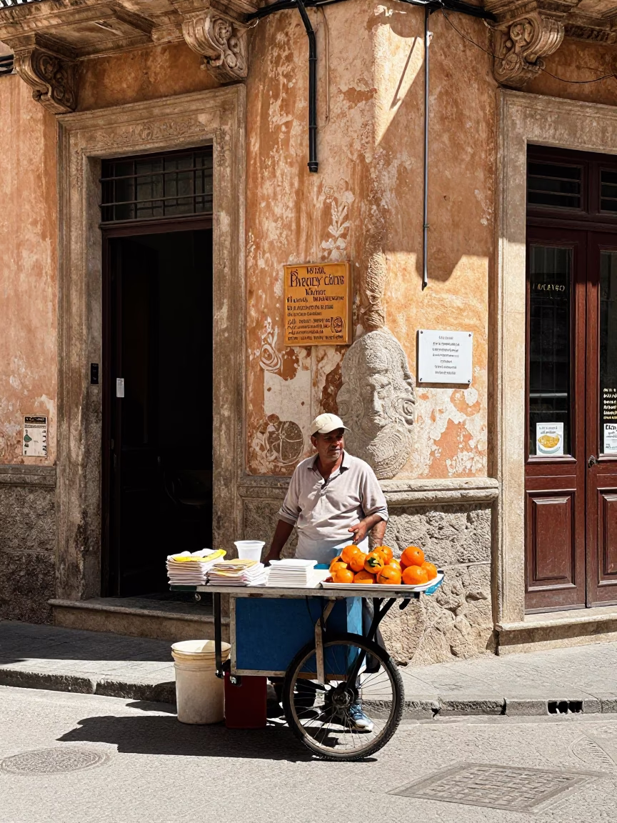 Midday Street Scene in Palermo Italy with Local Vendor and Traditional Food in in Palermo, Italy
