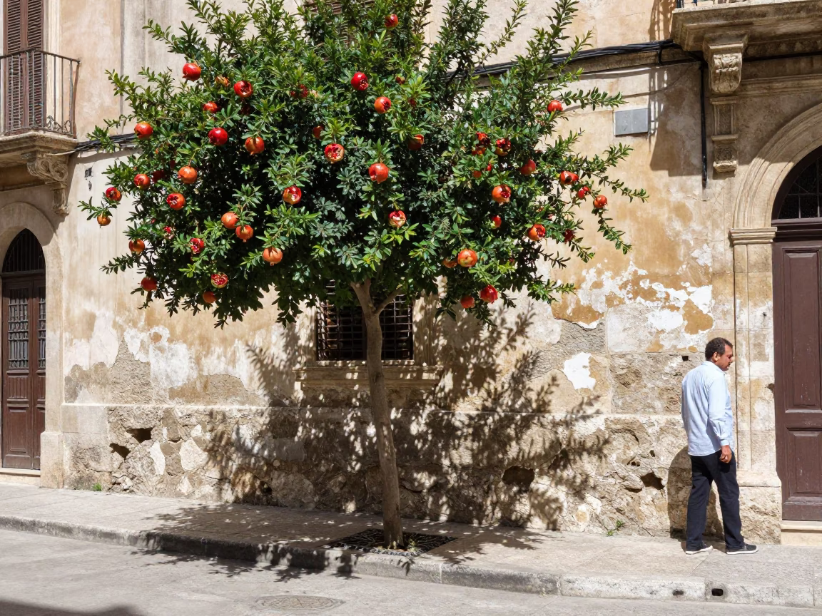 Midday Street Scene in Palermo Italy with Pomegranate Tree and Shirt Hanger in in Palermo, Italy