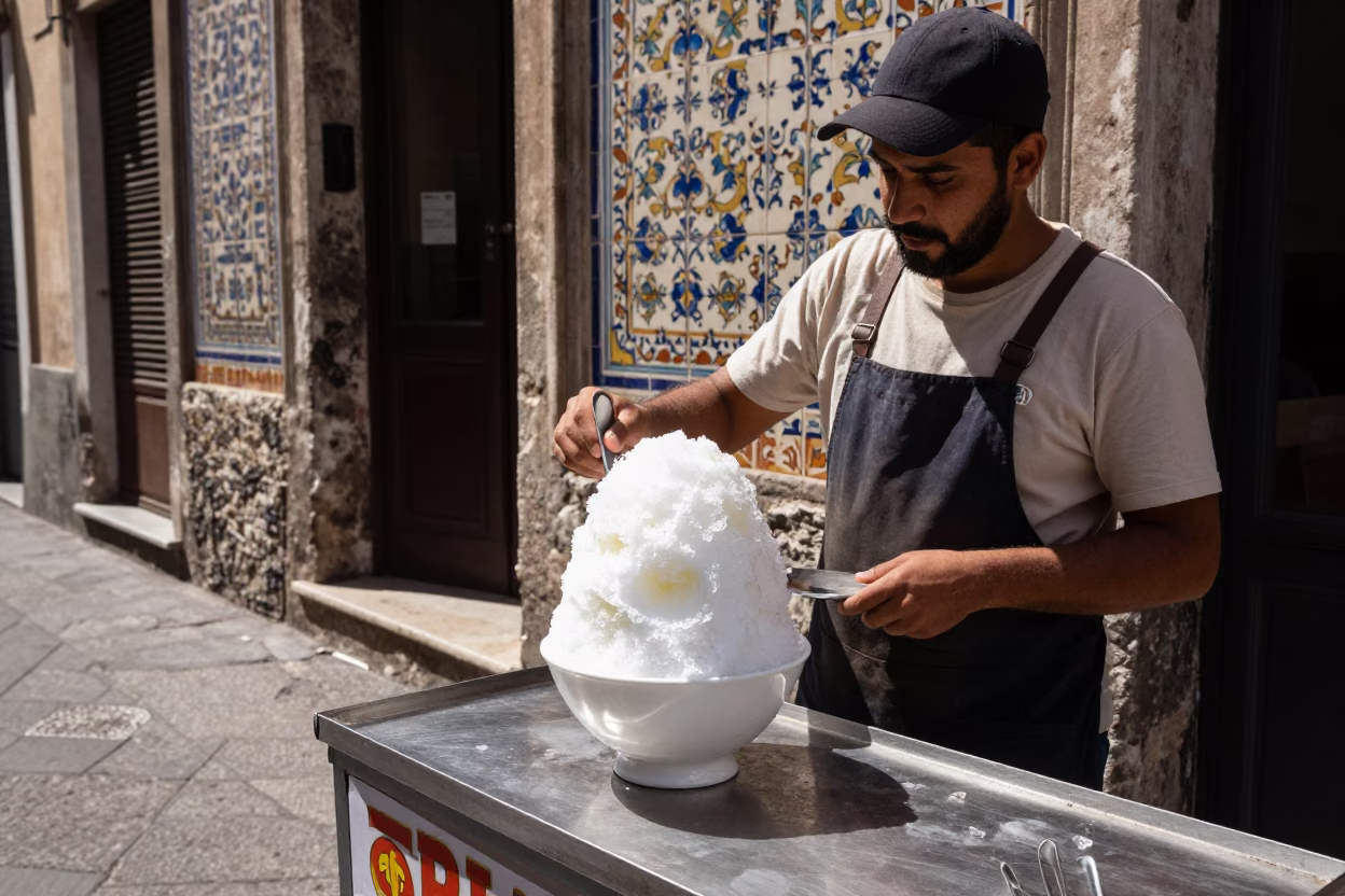 Midday Street Scene in Palermo Italy with Shaved Ice Dessert and Vintage Tram in in Palermo, Italy