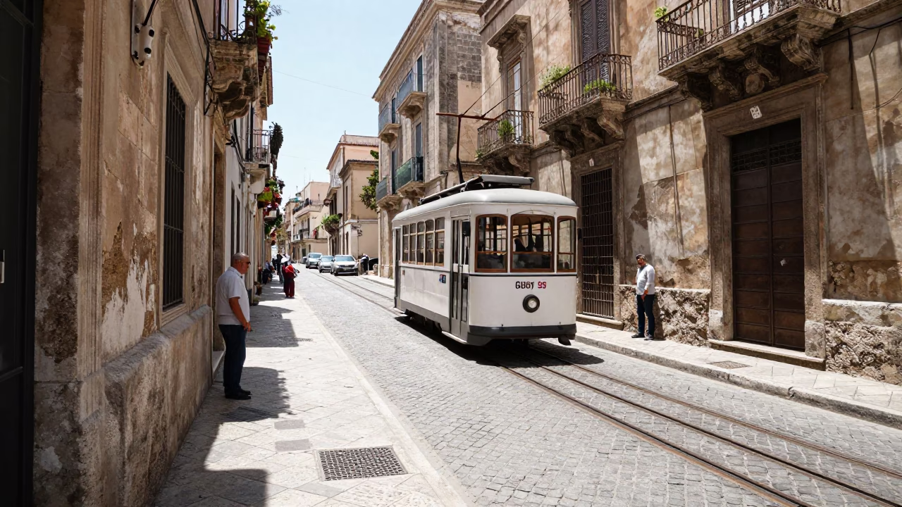 Midday Street Scene in Palermo Italy with Traditional Funicular and Local Life in in Palermo, Italy
