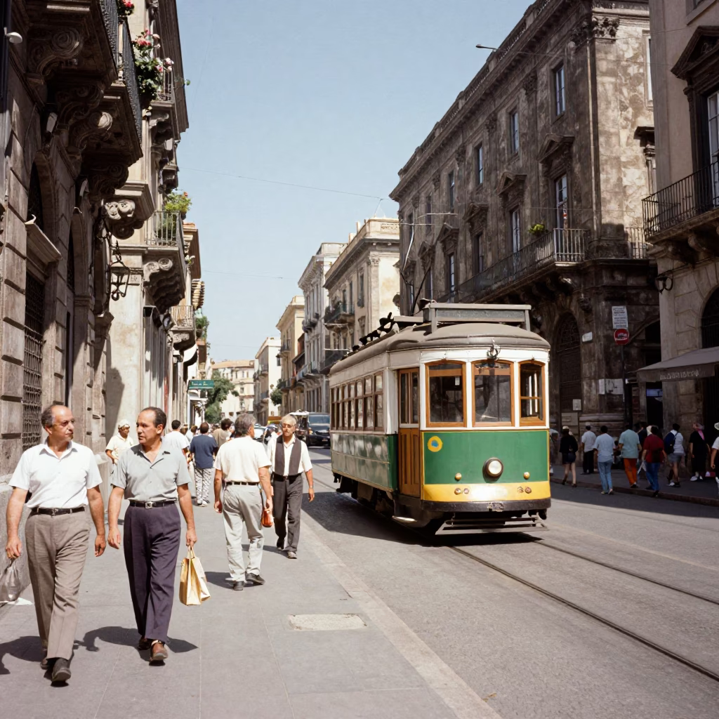 Midday Street Scene in Palermo Italy with Tramcar and Local Life in in Palermo, Italy