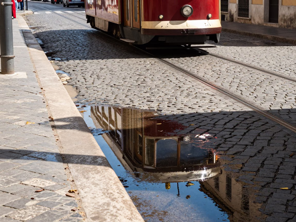Midday Street Scene in Palermo Italy with Tramcar Reflection on Cobblestones in in Palermo, Italy