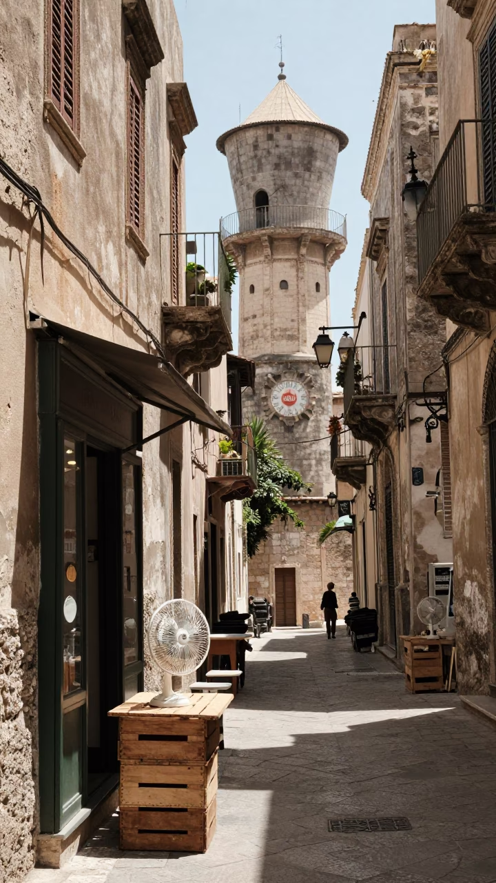Midday Street Scene in Palermo Italy with Water Tower and Table Fan in in Palermo, Italy