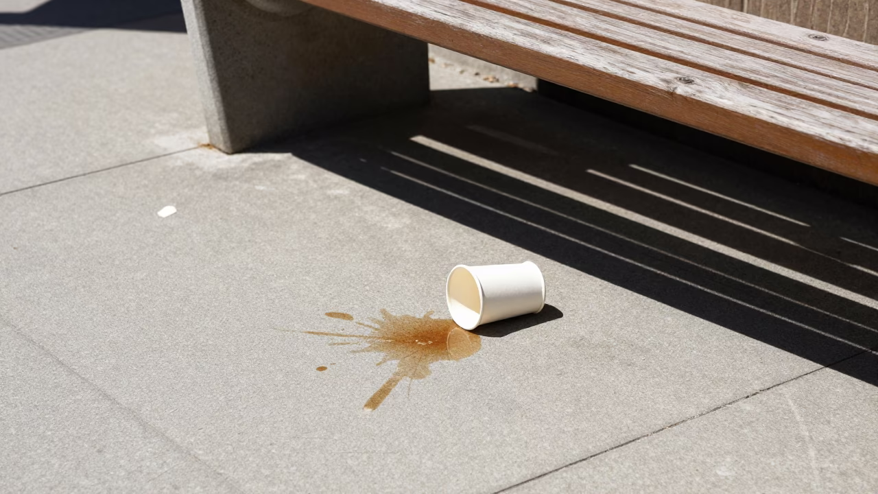 Midday street scene in Perth Western Australia featuring a tea stain on tiled pavement in in Perth, Western Australia, Australia