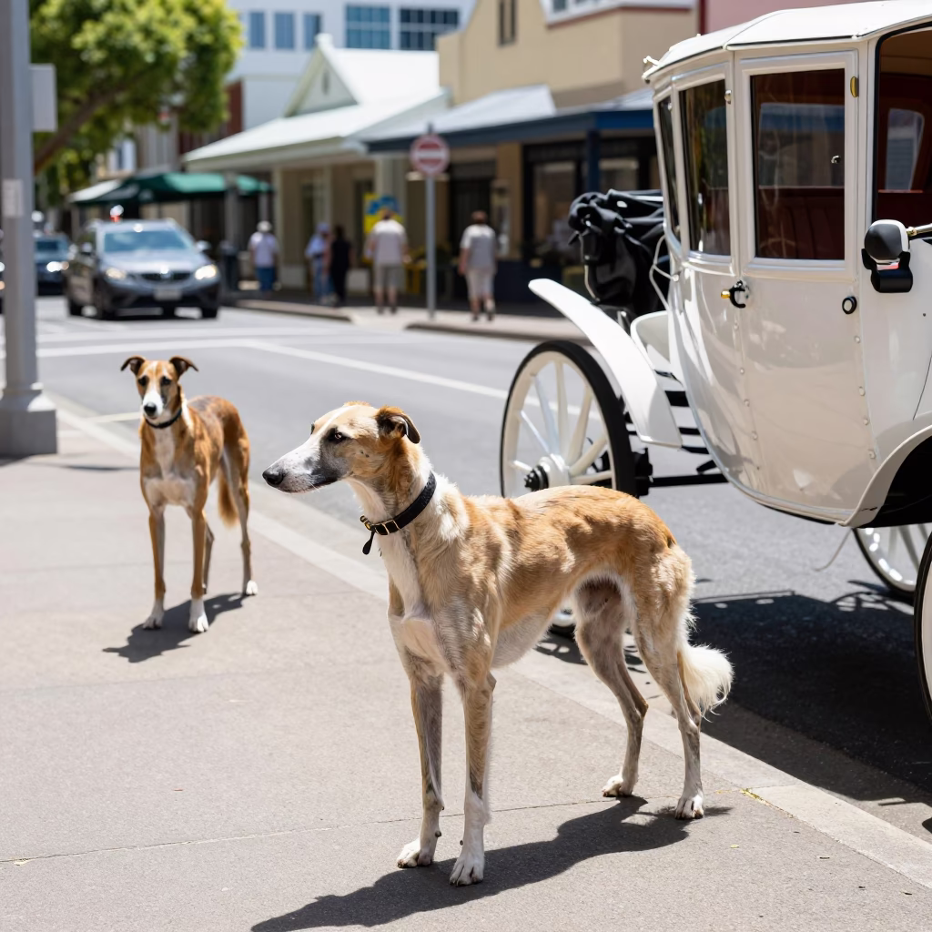 Midday Street Scene in Perth Western Australia with English Foxhound and Carriage in in Perth, Western Australia, Australia