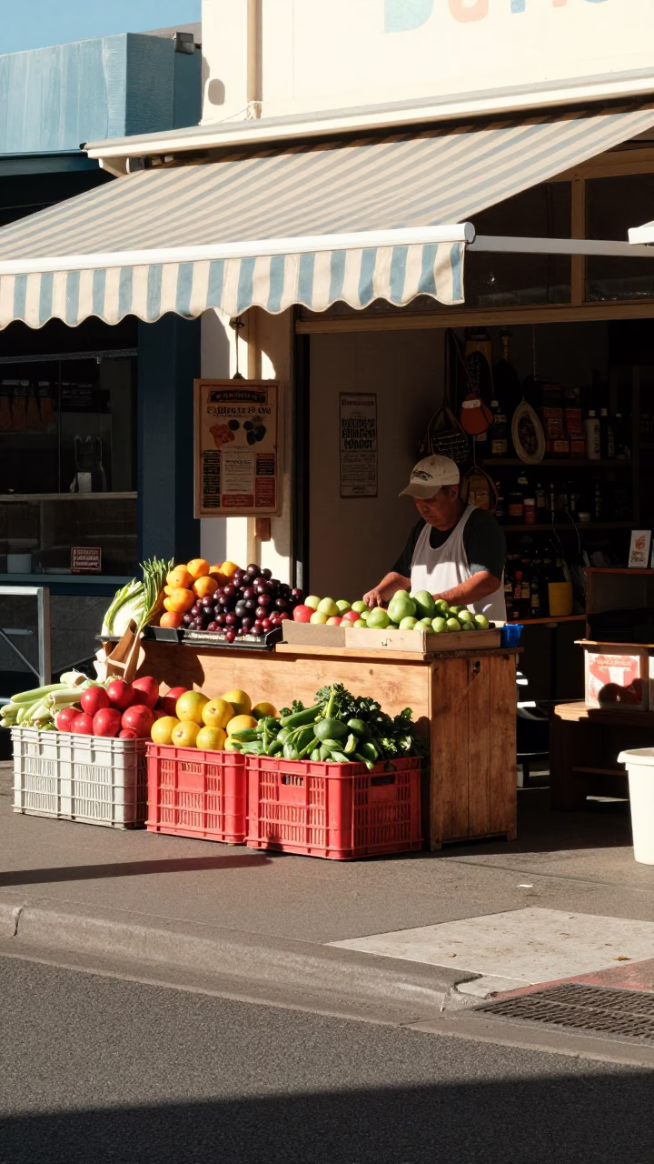 Midday Street Scene in Perth Western Australia with Local Shopkeeper and Merchandise in in Perth, Western Australia, Australia