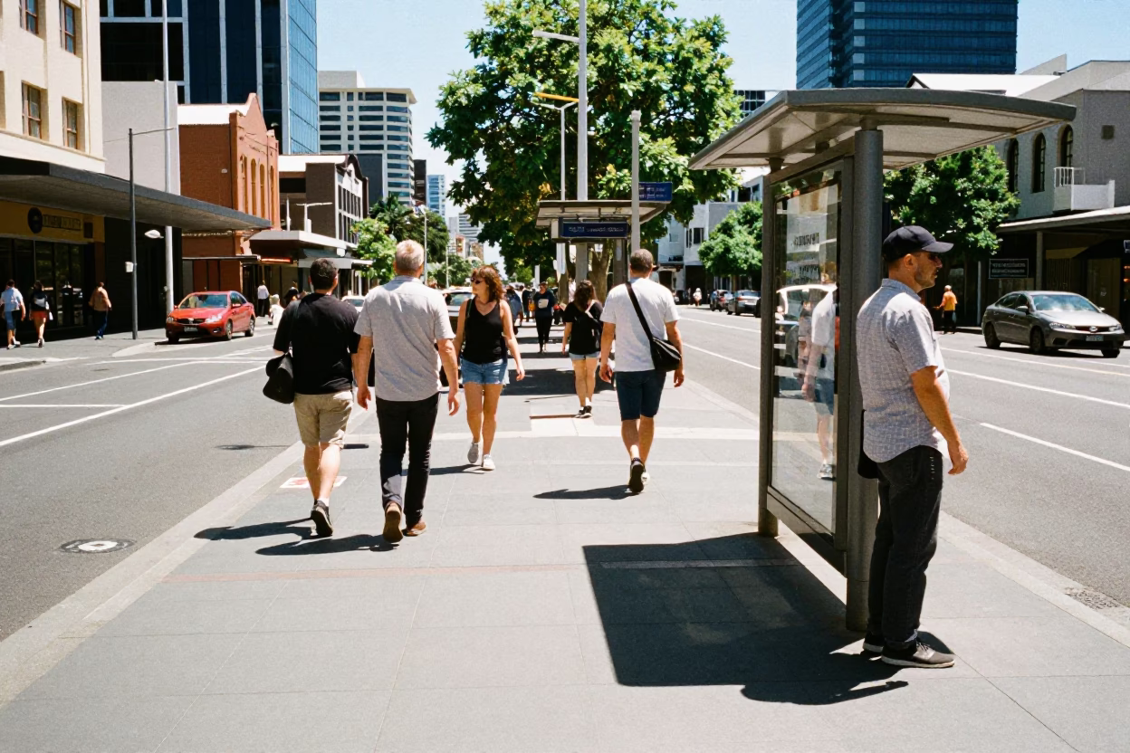 Midday Street Scene in Perth Western Australia with Pedestrians and Urban Architecture in in Perth, Western Australia, Australia