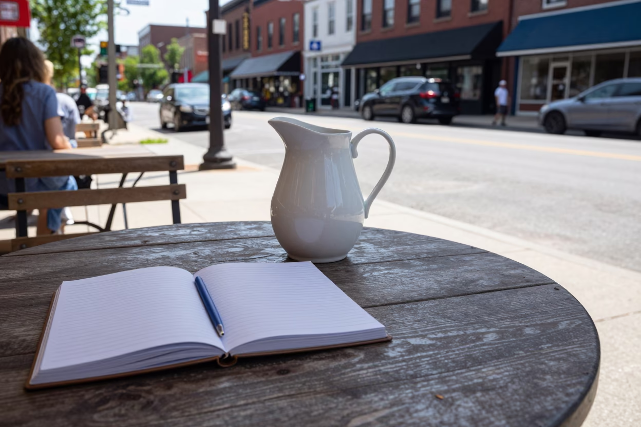 Midday Street Scene in Philadelphia Pennsylvania with Pitcher and Notebook on Table in in Philadelphia, Pennsylvania, United States