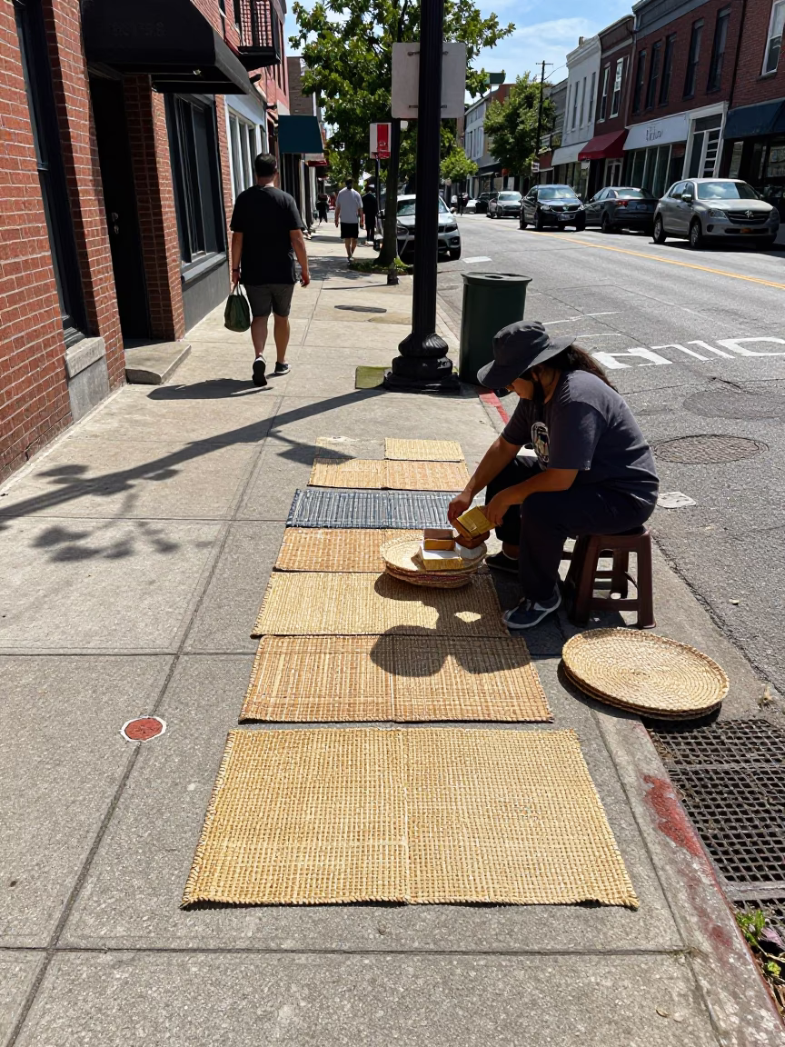 Midday Street Scene in Philadelphia Pennsylvania with Woven Mats and Urban Activity in in Philadelphia, Pennsylvania, United States