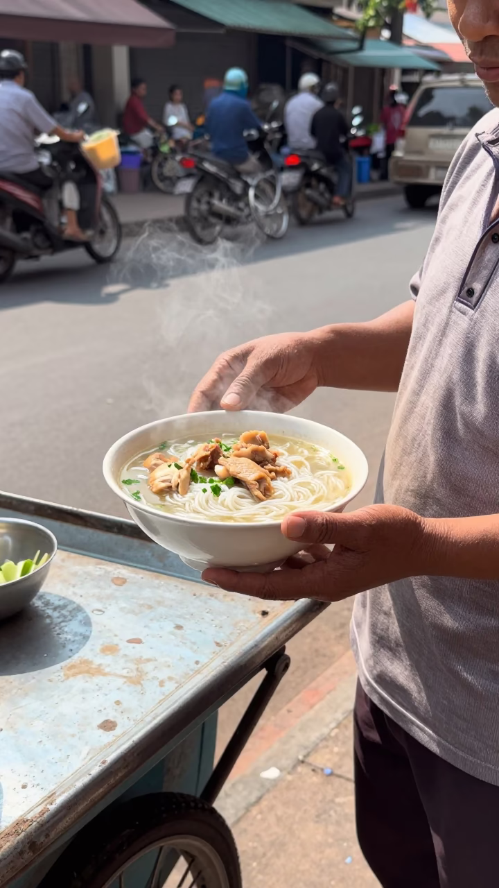Midday Street Scene in Phnom Penh Cambodia with Bowl of Khao Piak Sen in in Phnom Penh, Cambodia