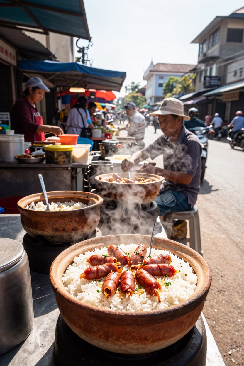 Midday Street Scene in Phnom Penh Cambodia with Clay Pot Rice and Local Vendor in in Phnom Penh, Cambodia