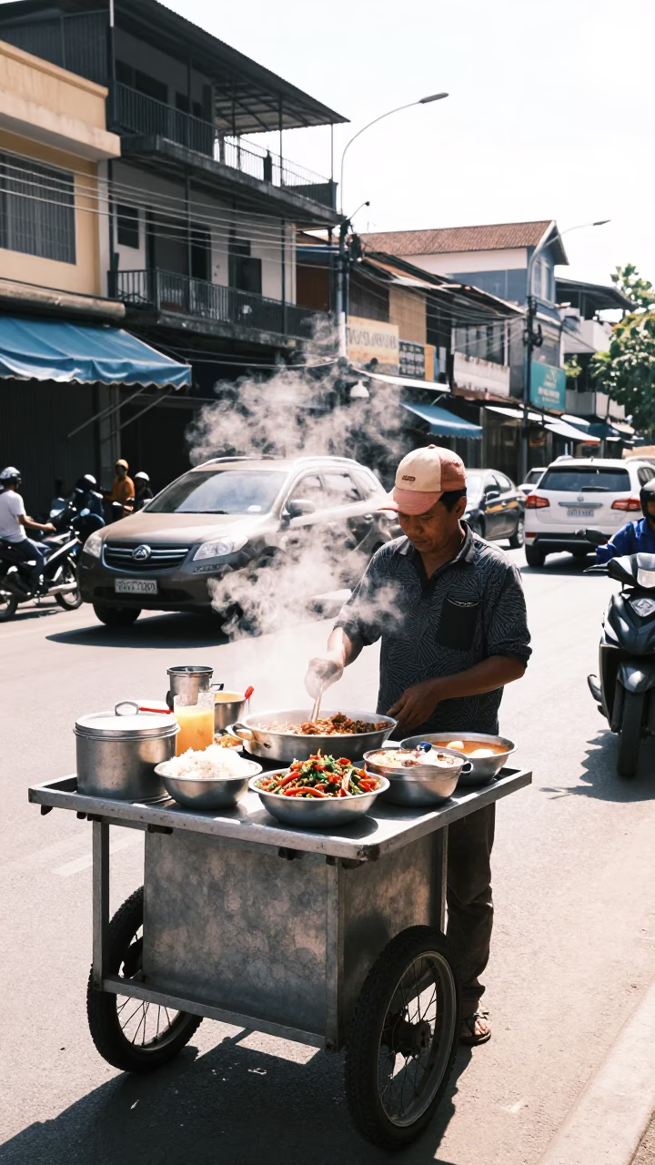 Midday Street Scene in Phnom Penh Cambodia with Food Stall and Traffic in in Phnom Penh, Cambodia