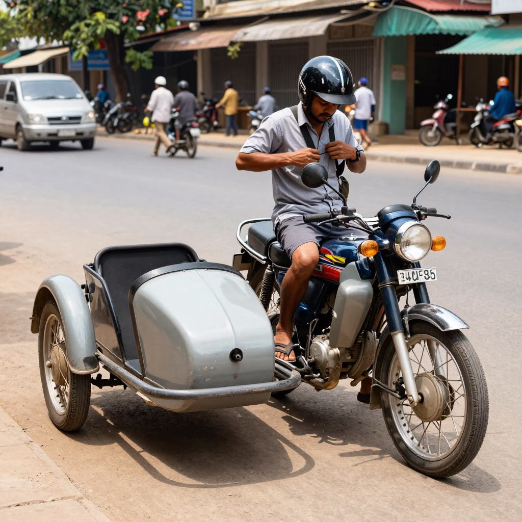 Midday Street Scene in Phnom Penh Cambodia with Vintage Motorcycle Sidecar and Heliconia Flowers in in Phnom Penh, Cambodia