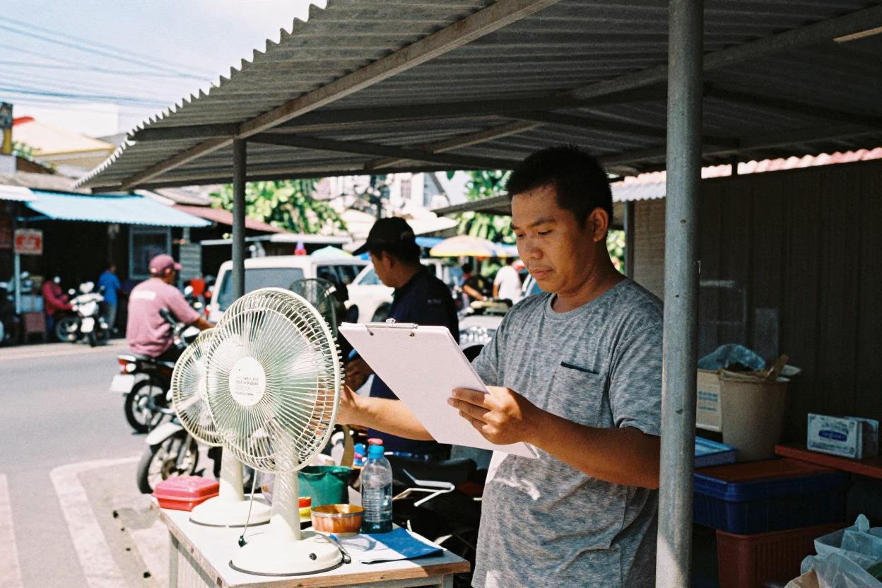 Midday Street Scene in Phuket Thailand with Clipboard and Table Fans in in Phuket, Thailand
