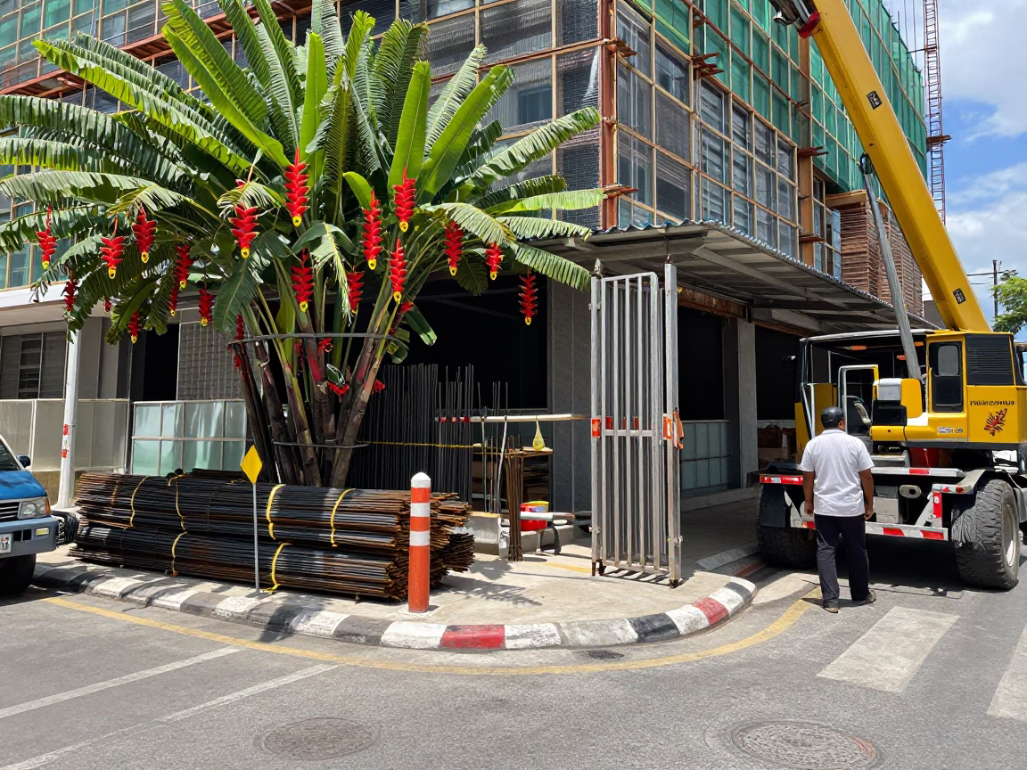 Midday Street Scene in Phuket Thailand with Heliconia and Construction Details in in Phuket, Thailand