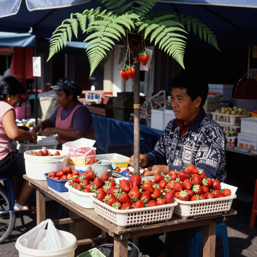 Midday Street Scene in Phuket Thailand with Strawberries and Fern Fronds in in Phuket, Thailand