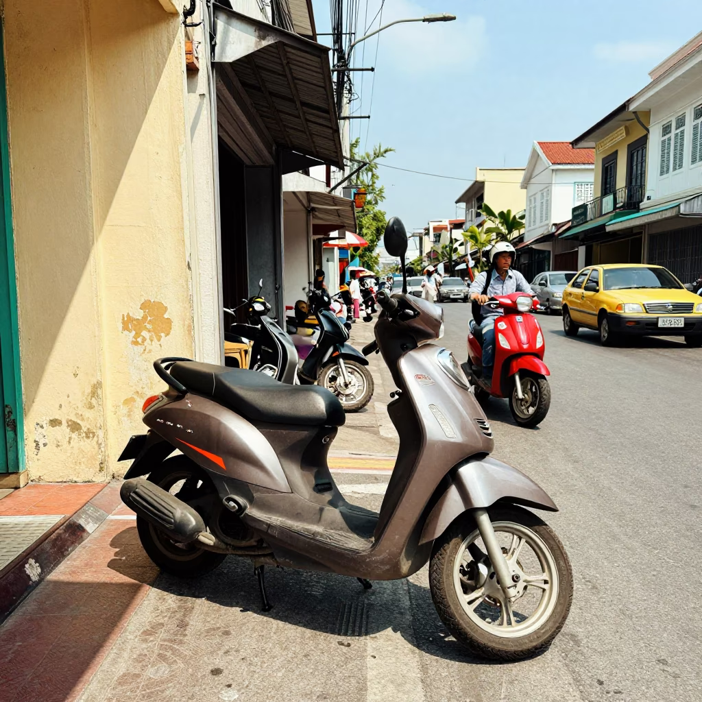 Midday Street Scene in Phuket Thailand with Vintage 1970s Aesthetic and Local Details in in Phuket, Thailand