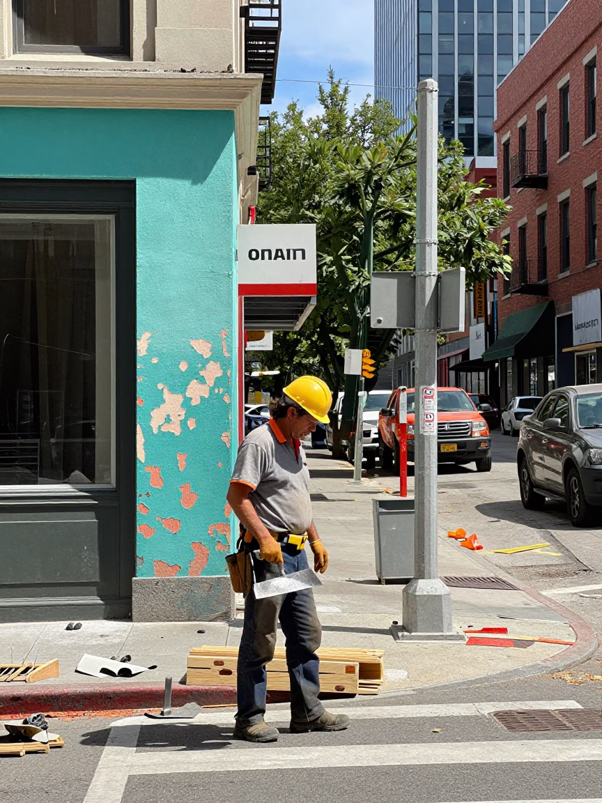 Midday Street Scene in Portland Oregon with Construction and Urban Life in in Portland, Oregon, United States