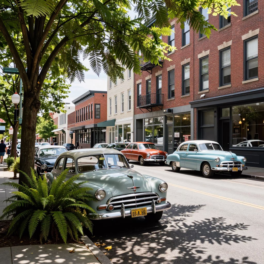 Midday Street Scene in Portland Oregon with Vintage Cars and Ferns in in Portland, Oregon, United States