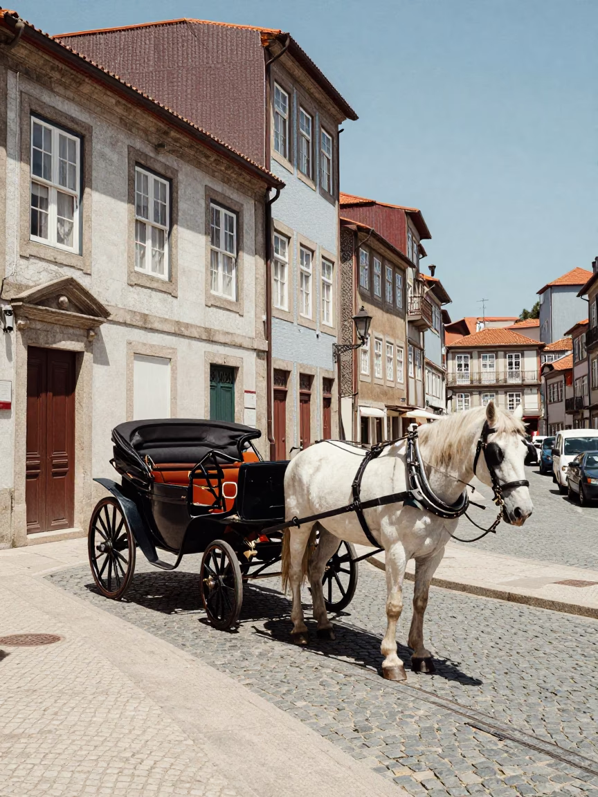 Midday Street Scene in Porto Portugal with Horse Drawn Carriage on Cobblestones in in Porto, Portugal