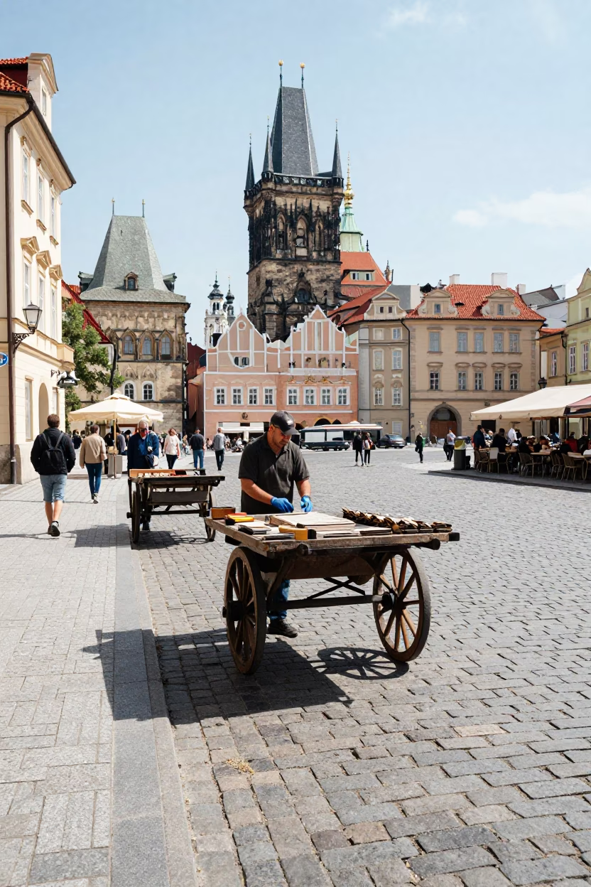 Midday Street Scene in Prague Czech Republic with Rolling Carts and Cobblestone Architecture in in Prague, Czech Republic