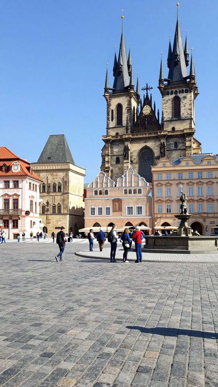 Midday Street Scene in Prague Czech Republic with Tourists and Historic Architecture in in Prague, Czech Republic