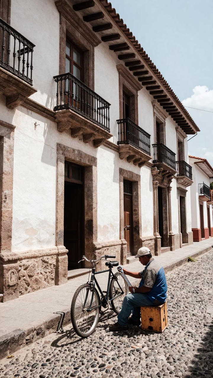 Midday Street Scene in Quito Ecuador with Adjustable Spanner on Colonial Balcony in in Quito, Ecuador