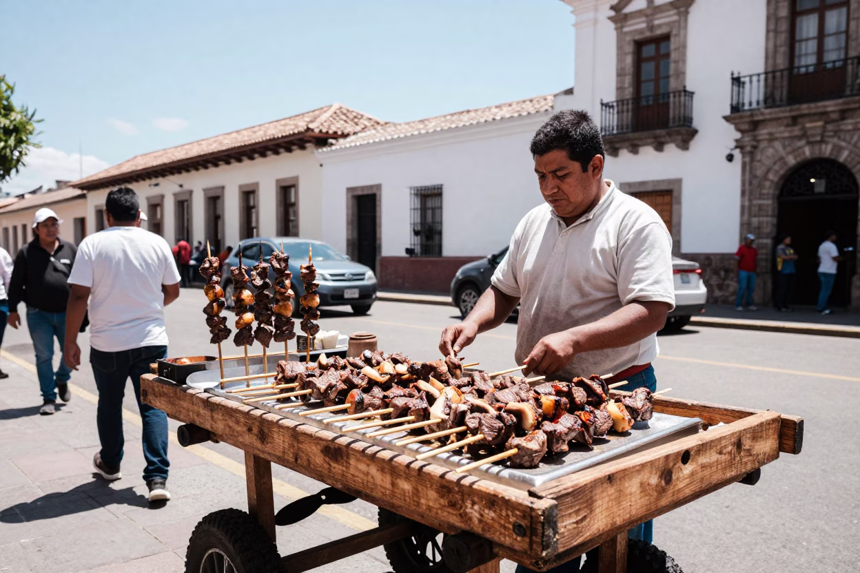 Midday Street Scene in Quito Ecuador with Anticuchos Skewers and Colonial Architecture in in Quito, Ecuador