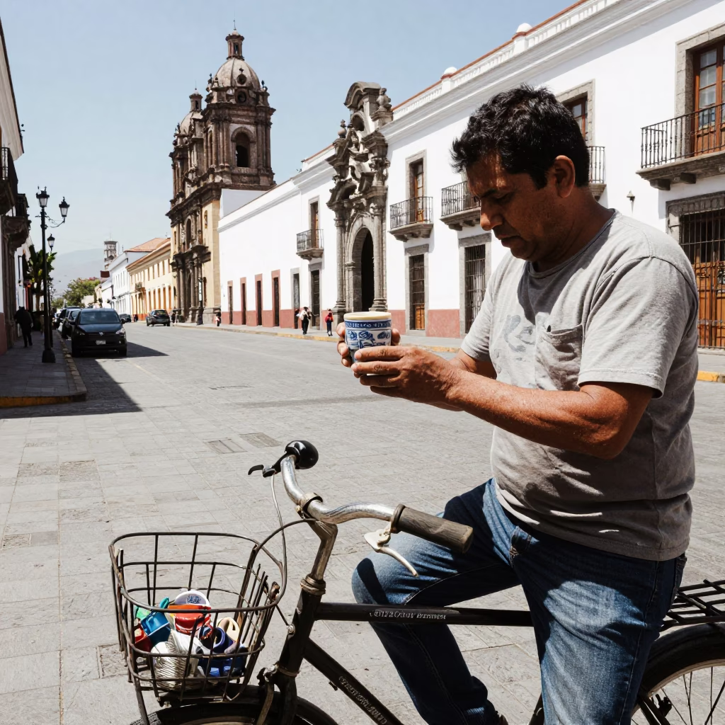 Midday Street Scene in Quito Ecuador with Bicycle and Ceramic Cup in in Quito, Ecuador