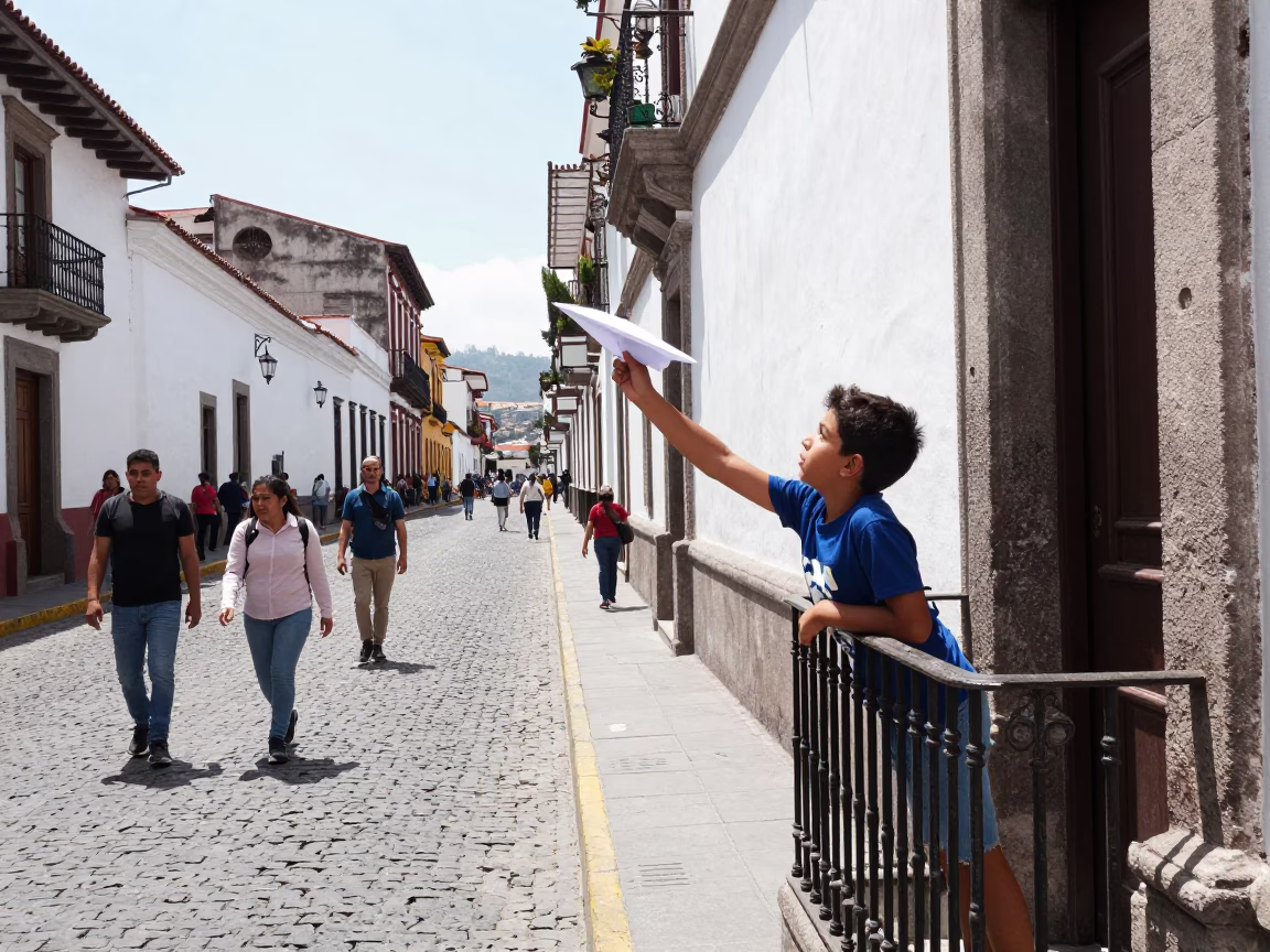 Midday Street Scene in Quito Ecuador with Boy Flying Paper Airplane from Balcony in in Quito, Ecuador