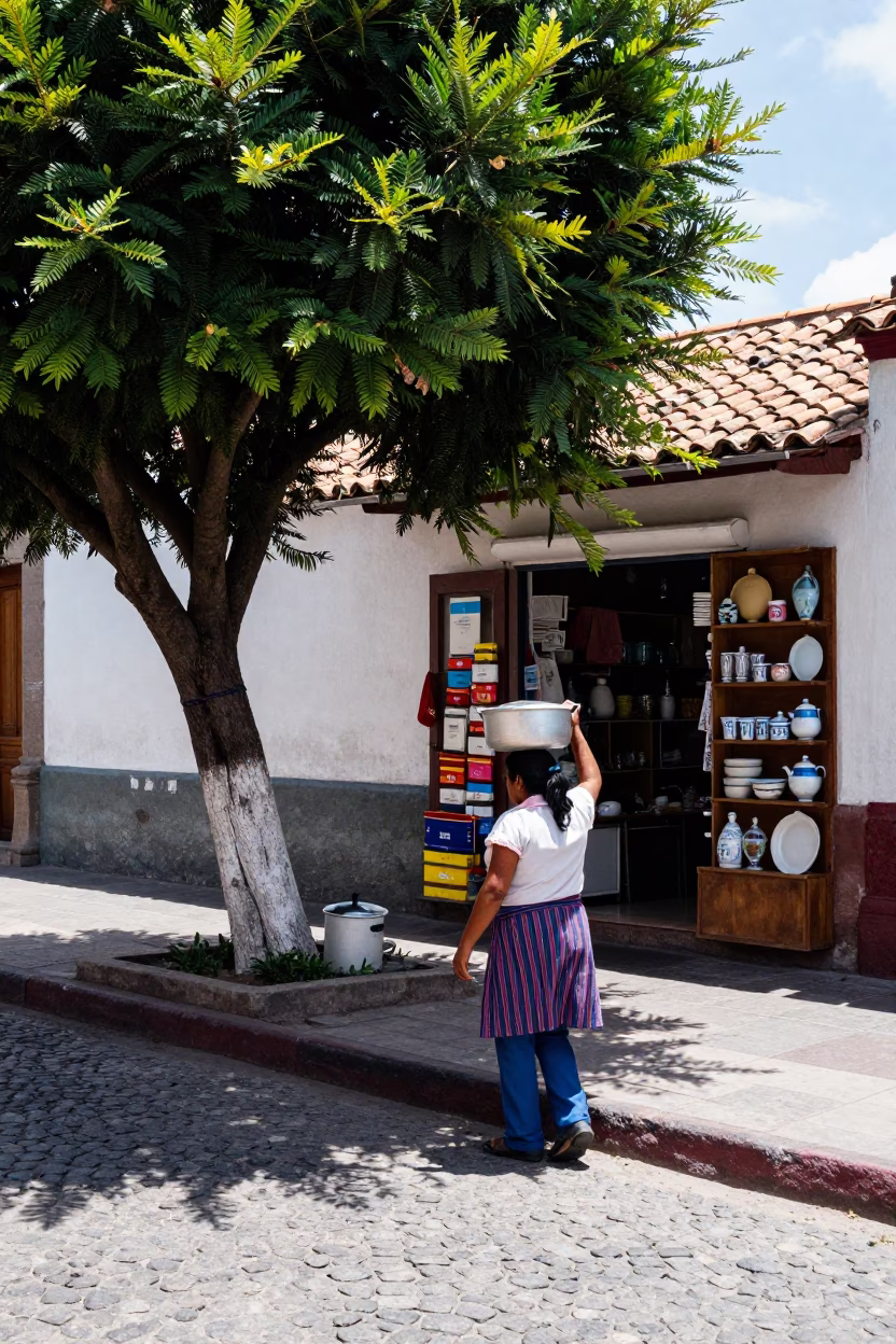 Midday Street Scene in Quito Ecuador with Fig Tree and Saucepan in in Quito, Ecuador