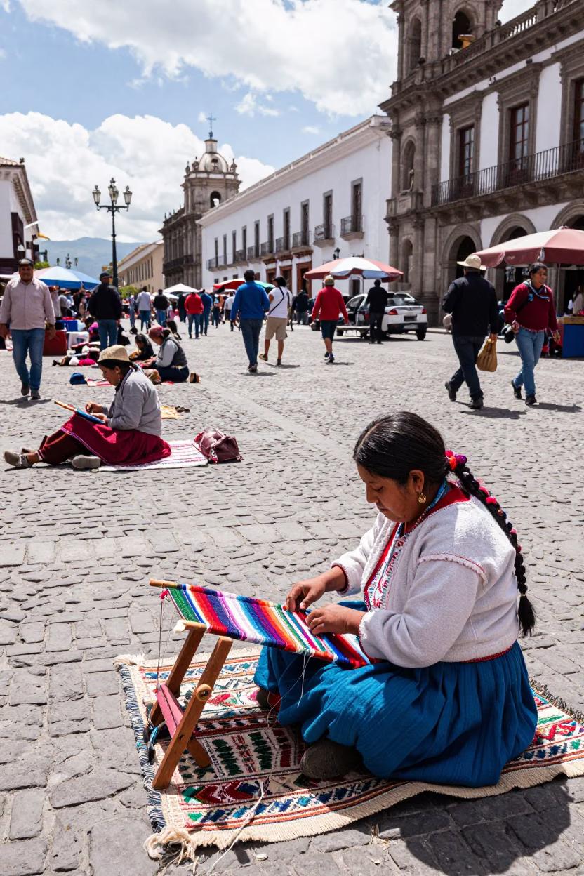 Midday Street Scene in Quito Ecuador with Indigenous Weaving and Urban Life in in Quito, Ecuador