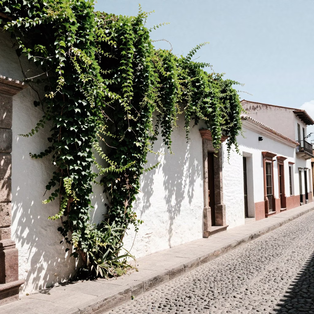 Midday Street Scene in Quito Ecuador with Ivy Vines and Local Architecture in in Quito, Ecuador
