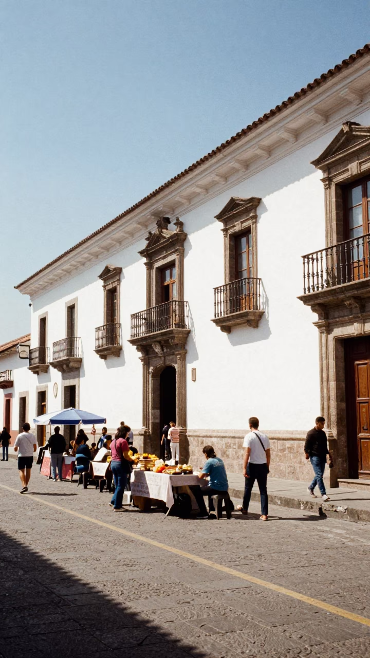 Midday Street Scene in Quito Ecuador with Local Food and Colonial Architecture in in Quito, Ecuador