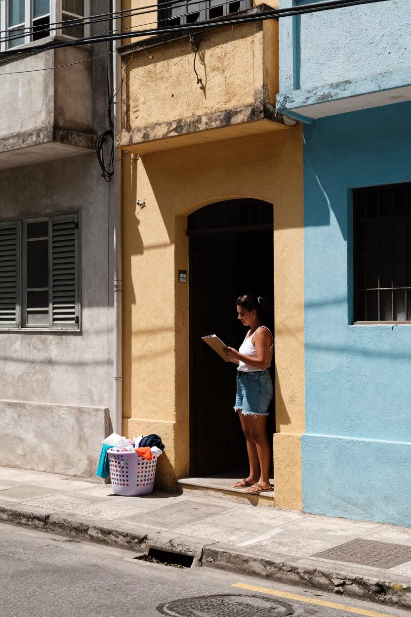 Midday Street Scene in Rio de Janeiro Brazil with Laundry Basket and Clipboard in in Rio de Janeiro, Brazil