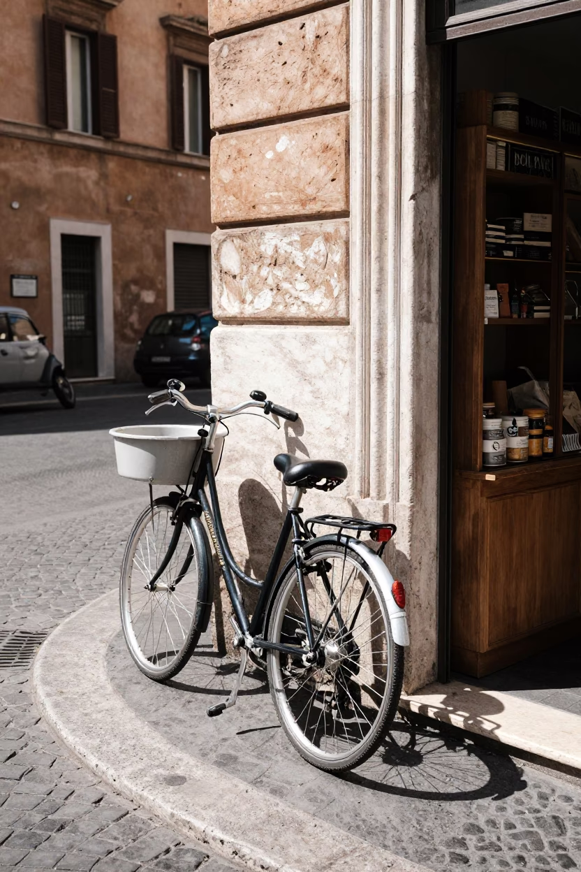 Midday Street Scene in Rome Italy Featuring Bicycle and Bakery Details in in Rome, Italy