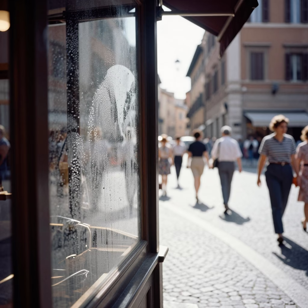 Midday Street Scene in Rome Italy with Condensation on Window Glass and Gardenia Bush in in Rome, Italy