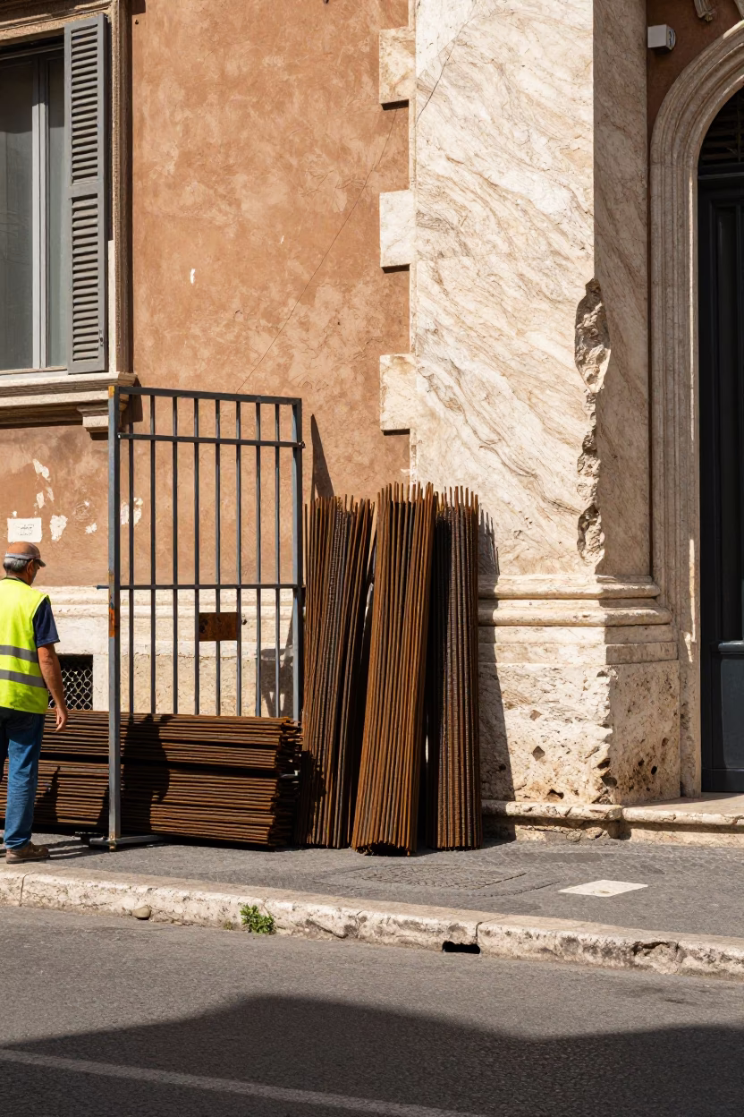 Midday Street Scene in Rome Italy with Construction Gate and Stone Architecture in in Rome, Italy