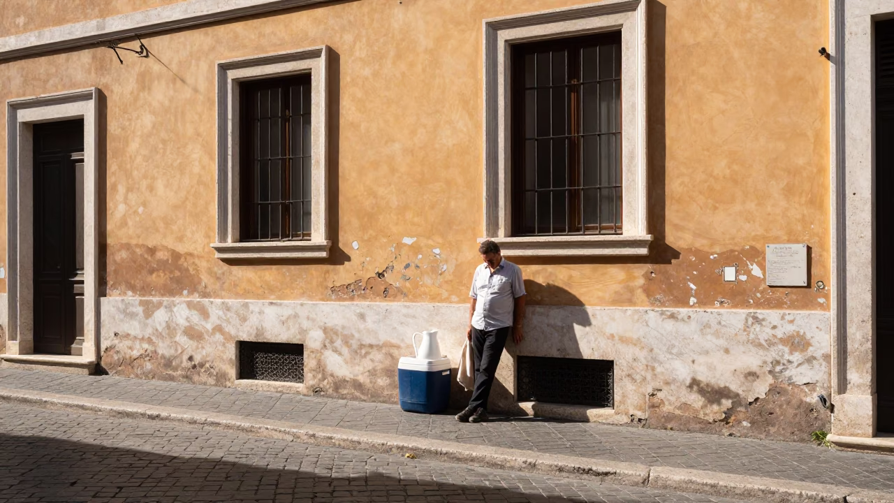 Midday Street Scene in Rome Italy with Cooler Jug and Linen Napkin in in Rome, Italy