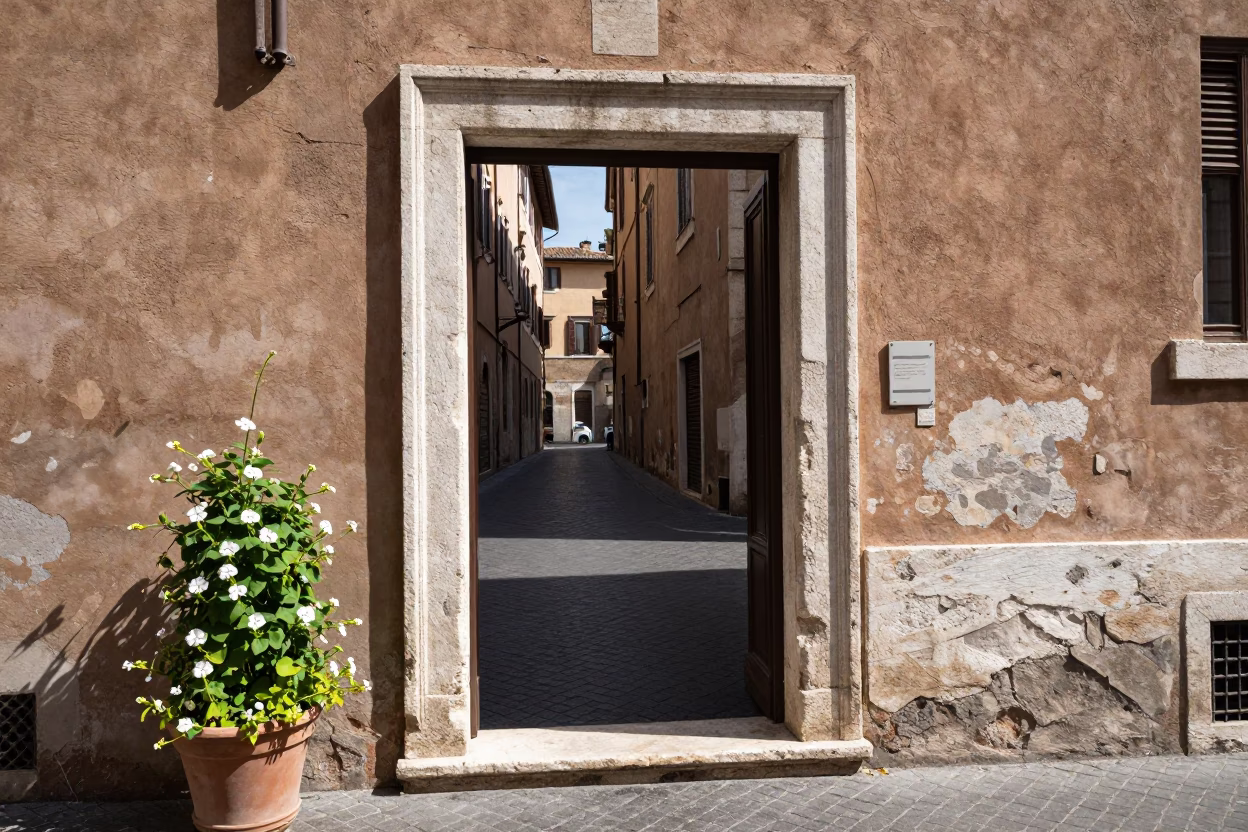 Midday Street Scene in Rome Italy with Doorframe and Sweet Pea Trellis in in Rome, Italy
