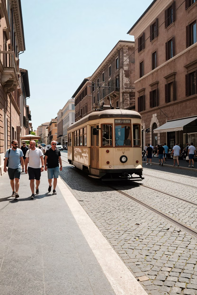 Midday Street Scene in Rome Italy with Heritage Tram and Local Life in in Rome, Italy
