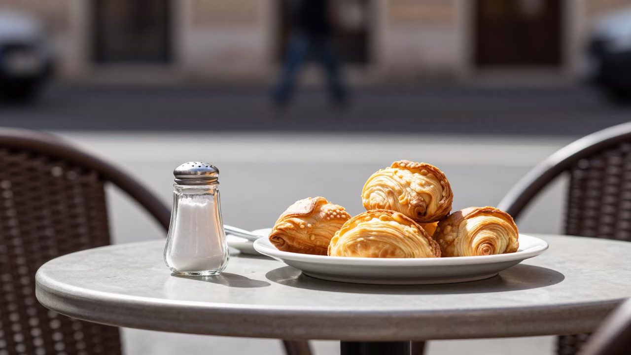 Midday Street Scene in Rome Italy with Pastries and Salt Shaker in in Rome, Italy
