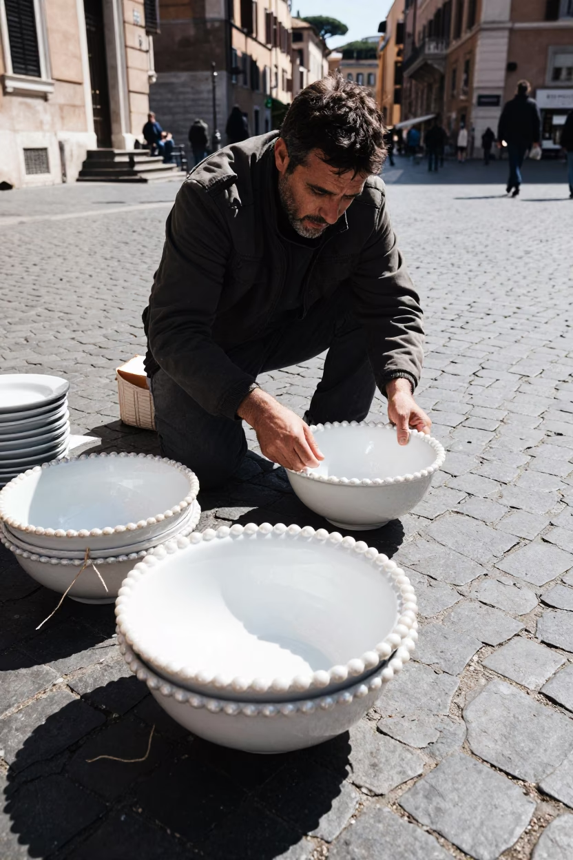 Midday street scene in Rome Italy with porcelain bowl and twine in in Rome, Italy