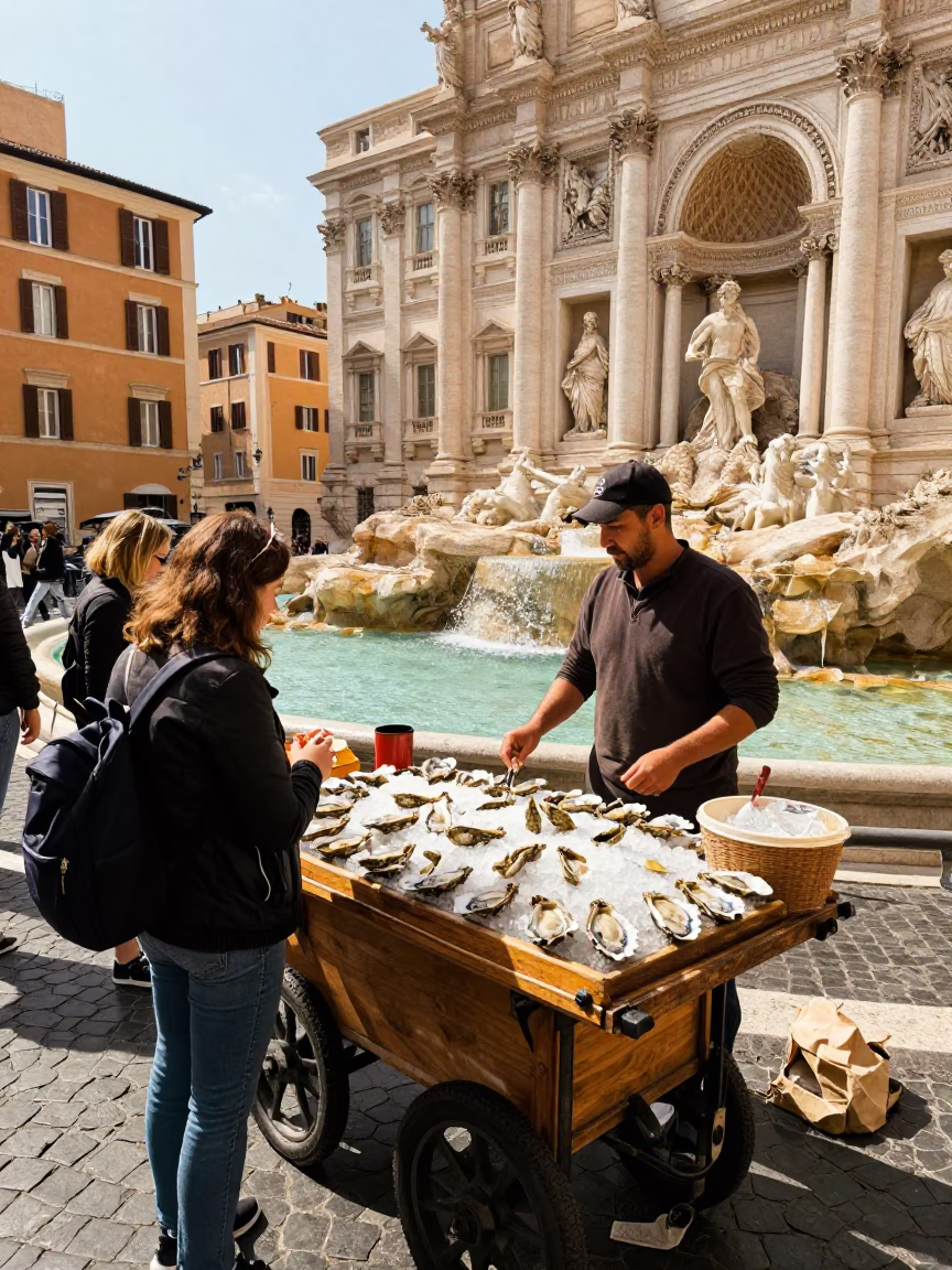 Midday Street Scene in Rome Italy with Tourists and Street Food in in Rome, Italy