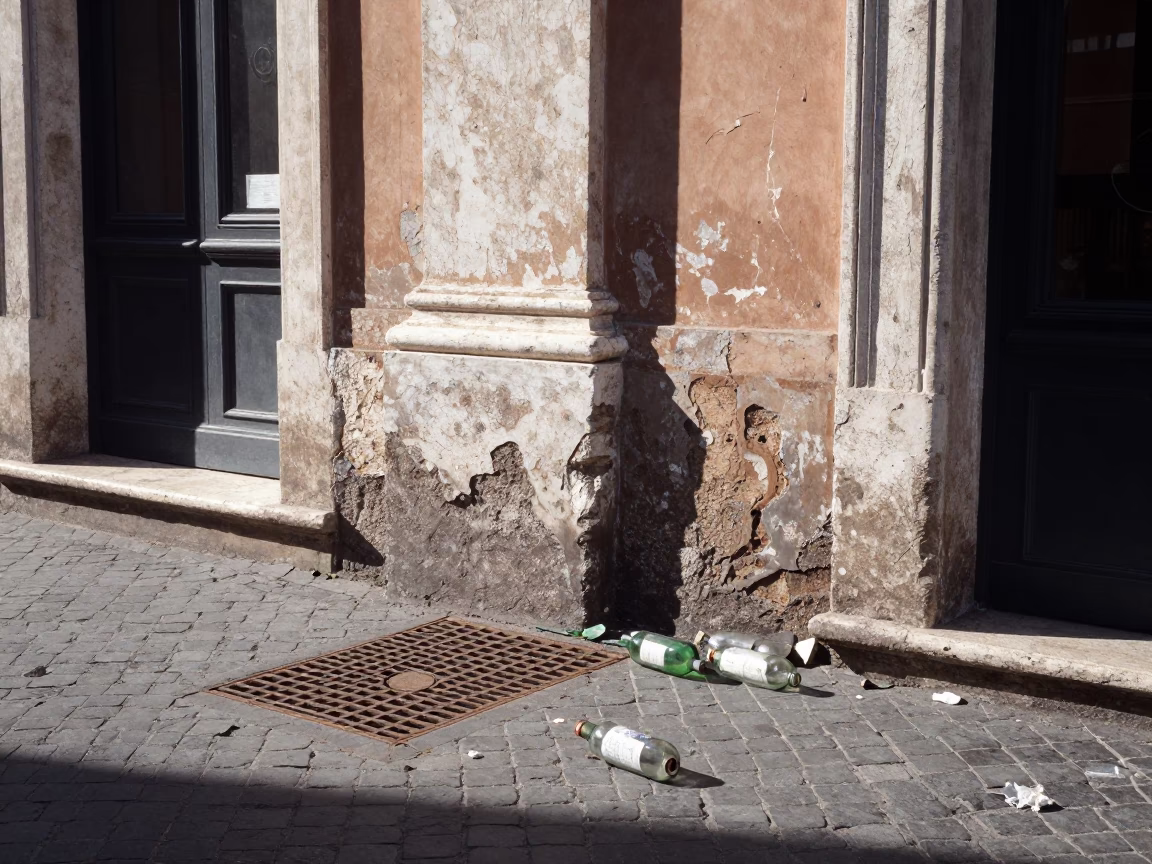 Midday Street Scene in Rome Italy with Trash and Urban Debris in in Rome, Italy