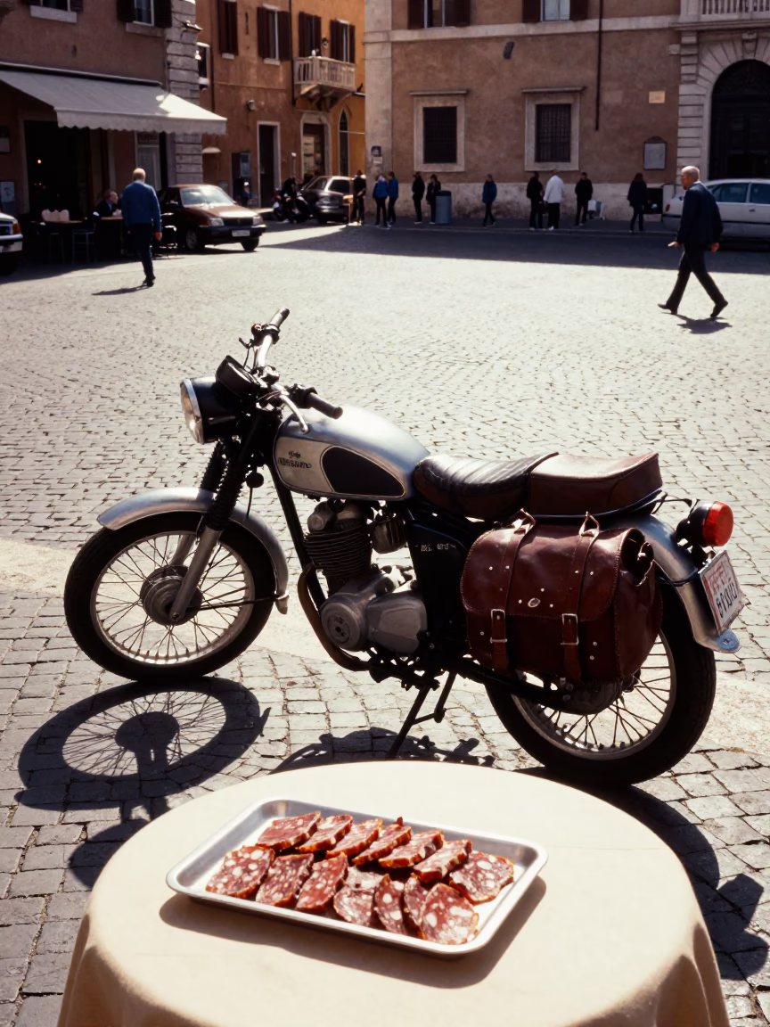 Midday Street Scene in Rome Italy with Vintage Motorbike and Local Cafe Table in in Rome, Italy