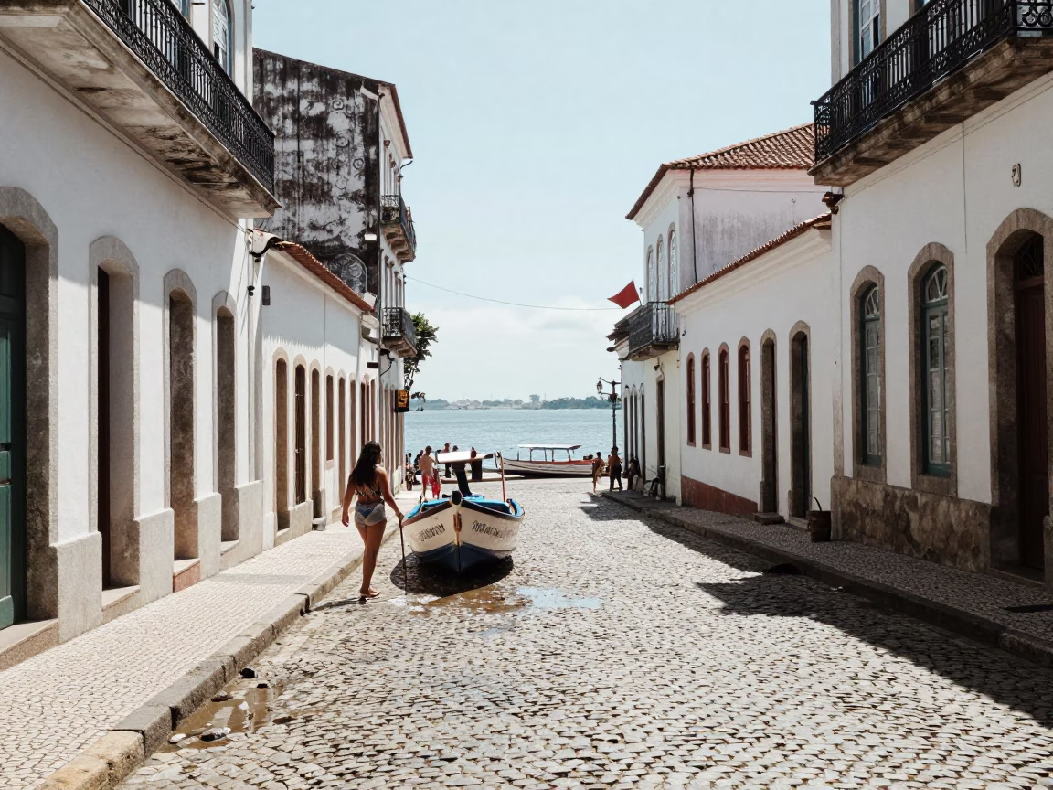Midday Street Scene in Salvador Brazil with Longtail Boat and Limestone Cliff in in Salvador, Brazil