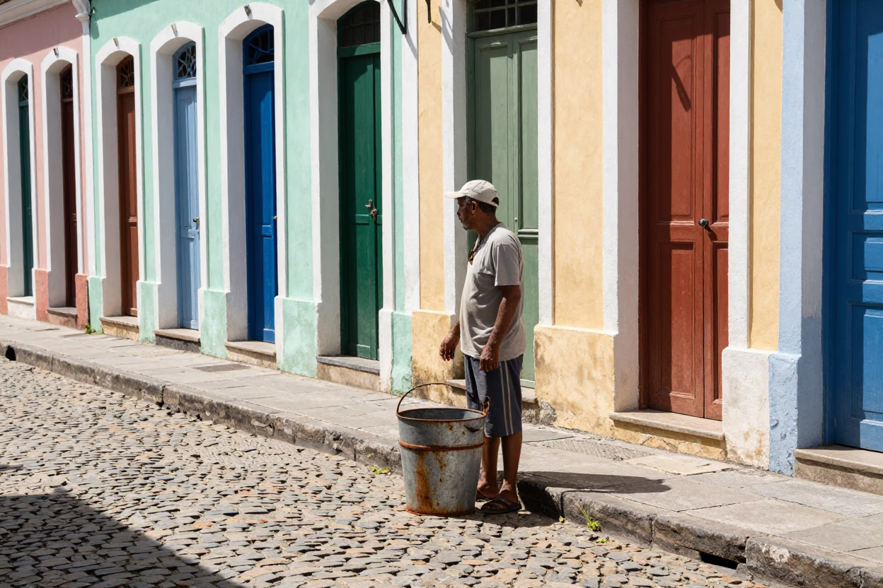 Midday Street Scene in Salvador Brazil with Metal Bucket and Rusty Chair in in Salvador, Brazil