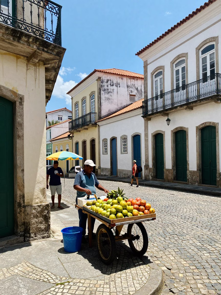 Midday Street Scene in Salvador Brazil with Traditional Market Vendor and Pedestrians in in Salvador, Brazil